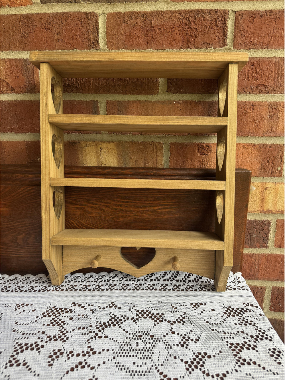 Vintage Cottagecore Wooden Wall Trinket Shelf with Heart Cutouts and Pegs
